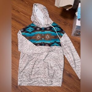 Tribal Print Hoodie with Blue and Brown Accents